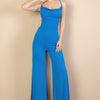 Ribbed Cowl Neck Backless Split Wide Leg Jumpsuit