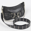 Faux Leather Stud Double Buckles Shoulder Bag