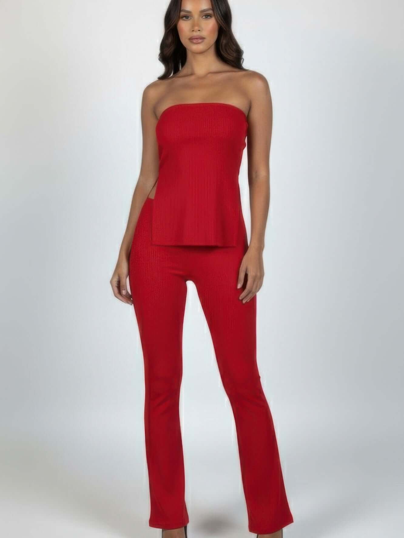 Model wearing a Ribbed Slit Tube Top & High-waist Flare Pants Set in vibrant red, showcasing a trendy and chic silhouette.