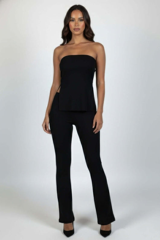 Ribbed Slit Tube Top & High-waist Flare Pants Set worn by a model, showcasing a sleek and modern outfit.