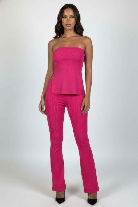 Ribbed Slit Tube Top & High-waist Flare Pants Set in bold pink, featuring a side slit and flare design for a sleek look.