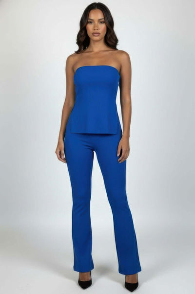 Ribbed Slit Tube Top & High-waist Flare Pants Set in bold blue color, showcasing modern style and body-hugging fit.