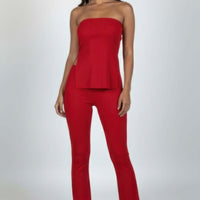 Ribbed Slit Tube Top & High-waist Flare Pants Set