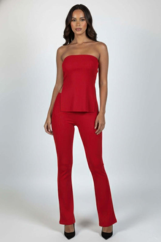 Model wearing a Ribbed Slit Tube Top & High-waist Flare Pants Set in vibrant red, showcasing a trendy and chic silhouette.