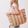 Natural Brown Multi Color Stripe Straw Tote Bag
