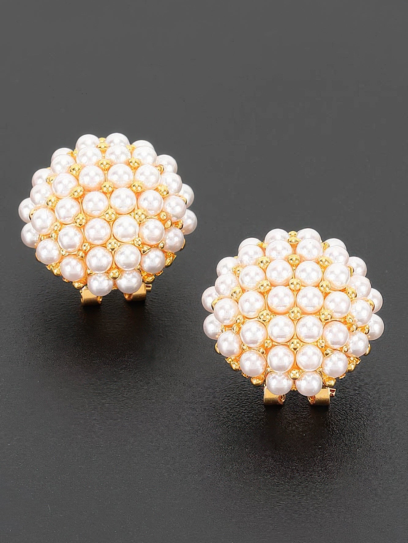 The Beatrix Pearl Clip-Ons – gold pearl cluster clip-on earrings, view 2