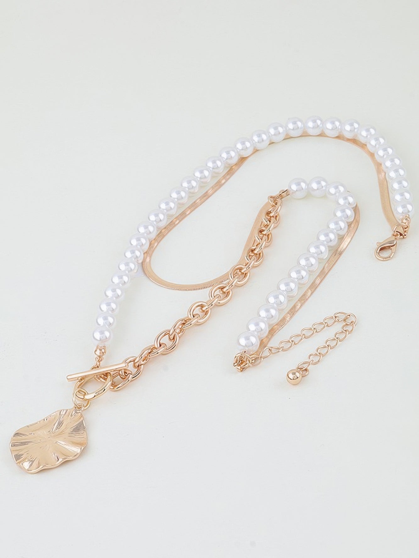The Thea Three-Strand Necklace – three-strand pearl and chain necklace, view 2