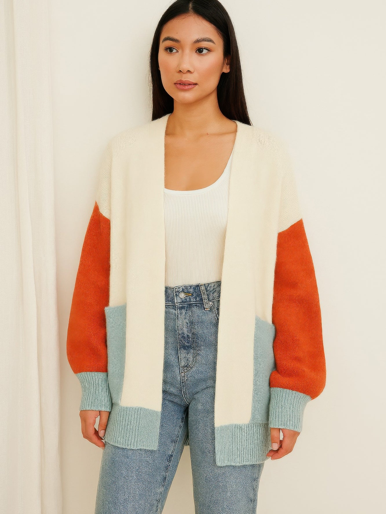 The Tilda Colorblock Open Cardigan in white, front view