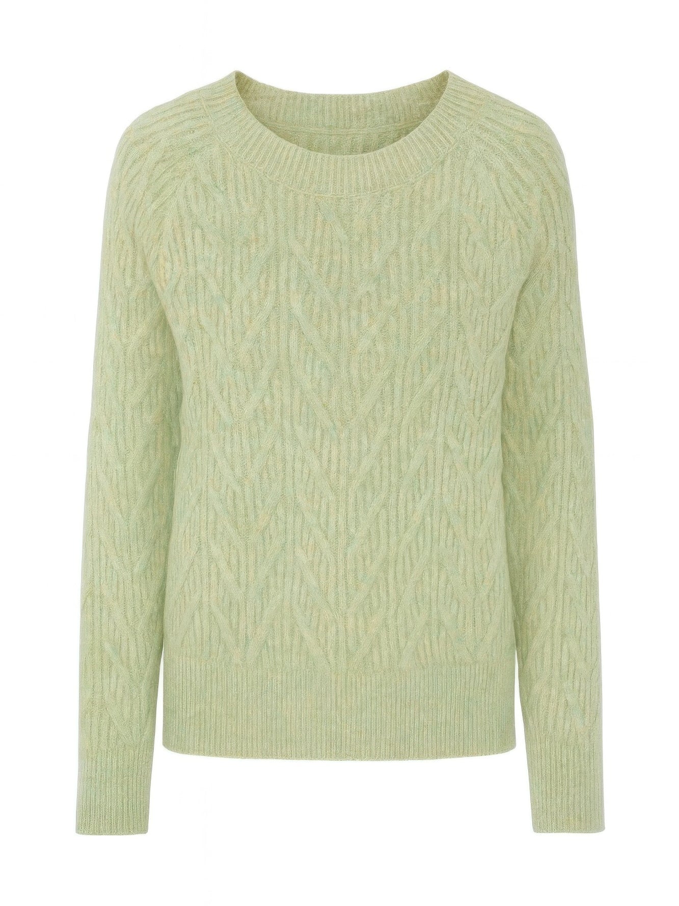 The Maple Braided Cable Sweater in light green, alternate view