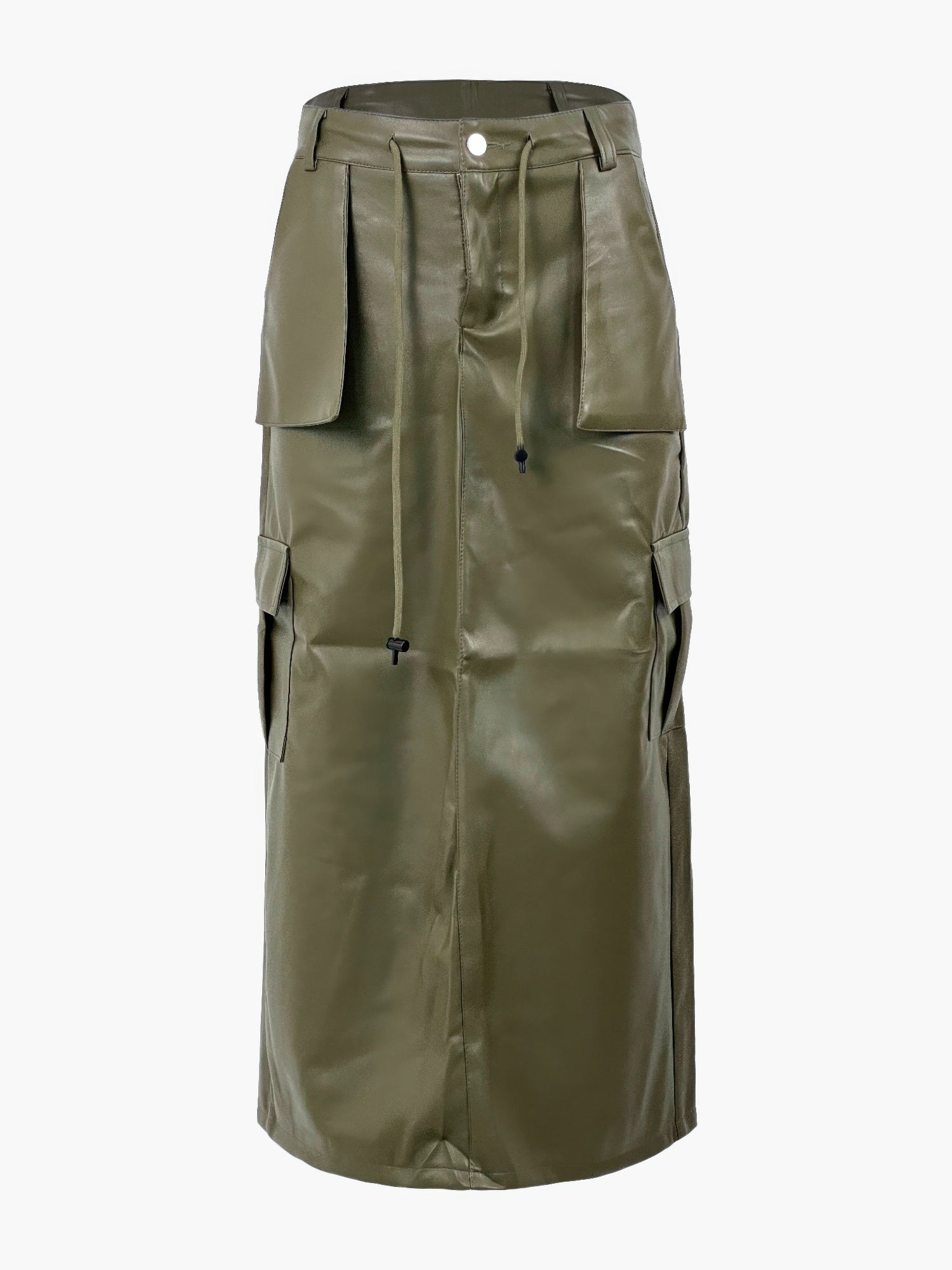 The Ridley Faux Leather Pocket Maxi Skirt in olive, alternate view
