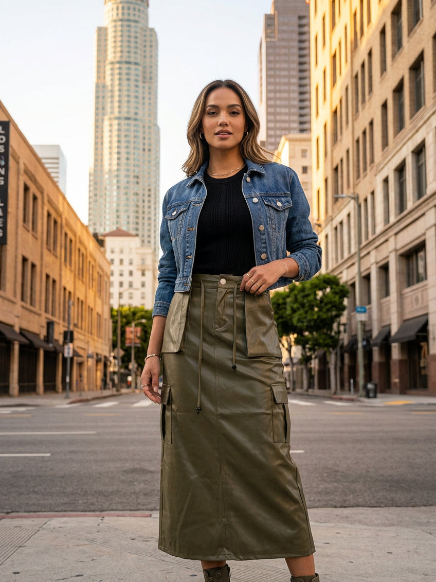 The Ridley Faux Leather Pocket Maxi Skirt in olive, front view