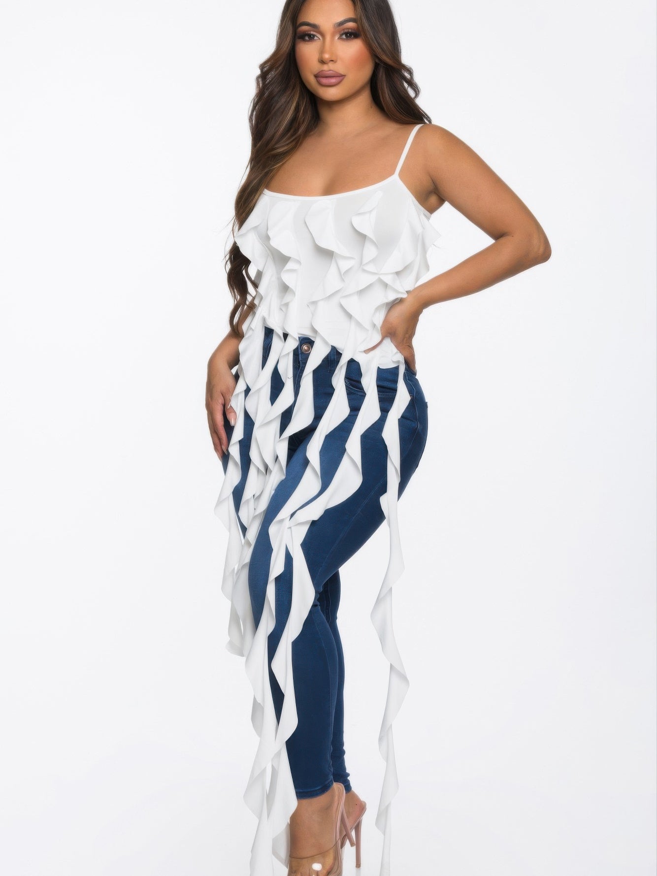 The Lark Ruffle Cami Crop Top in white, detail view