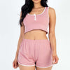 Casual French Terry Sleeveless Button Front Contrast Trim Cropped Tank Top And Shorts Set