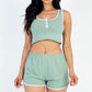 Casual French Terry Sleeveless Button Front Contrast Trim Cropped Tank Top And Shorts Set