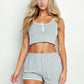 Casual French Terry Sleeveless Button Front Contrast Trim Cropped Tank Top And Shorts Set