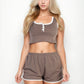 Casual French Terry Sleeveless Button Front Contrast Trim Cropped Tank Top And Shorts Set