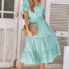 V Neck Ruffles Tiered Sleeve Smocked Midi Dress