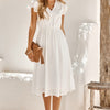 V Neck Short Sleeve Solid Ruffle A Line Midi Dress
