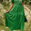 Pleated Tiered Solid Short Puff Sleeve A Line Dres