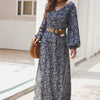 Floral V Neck Long Sleeve Full Dress