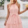 Solid Halter Neck Sleeveless Waist Tie Ruffle Dress