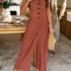 V Neck Button Sleeveless Wide Pockets Jumpsuit