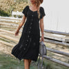 Button V Neck Tiered Short Sleeve Midi Dress