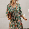 Boho Print Wrap Neck Tie Back Pleated Hem Dress