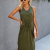 Solid V Neck Drawstring Waist Curved Hem Dress