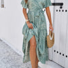Allover Print V Neck Fit Belt A Line Long Dress
