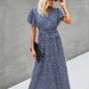 V Neck Blue Floral Short Sleeve Wrap Dress