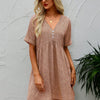 Button V Neck Short Sleeve Tunic Short Dress