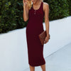 Button Scoop Neck Solid Slim Midi Bodycon Dress