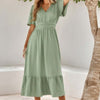 Solid V Neck Belted Wrap Layered Midi Dress