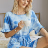 Tie Dye Ribbed Ruffle Tie Waist Pleated Romper