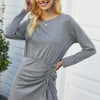 Solid Crew Neck High Waist Drawstring Dress