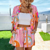 Graphic Print Drop Shoulder Blouse Tie Front Short