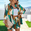 Graphic Print Open Front Pockets Blouse And Short