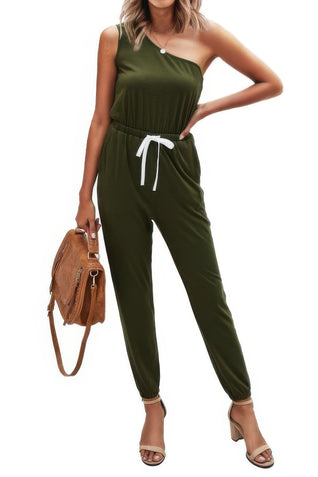 One Shoulder Sleeveless Elastic Waist Jumpsuit