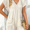Solid Deep V Neck Drop Shoulder Loose Pockets Romper