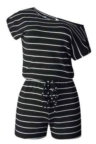 Striped Short Sleeve Drawstring Waist Romper