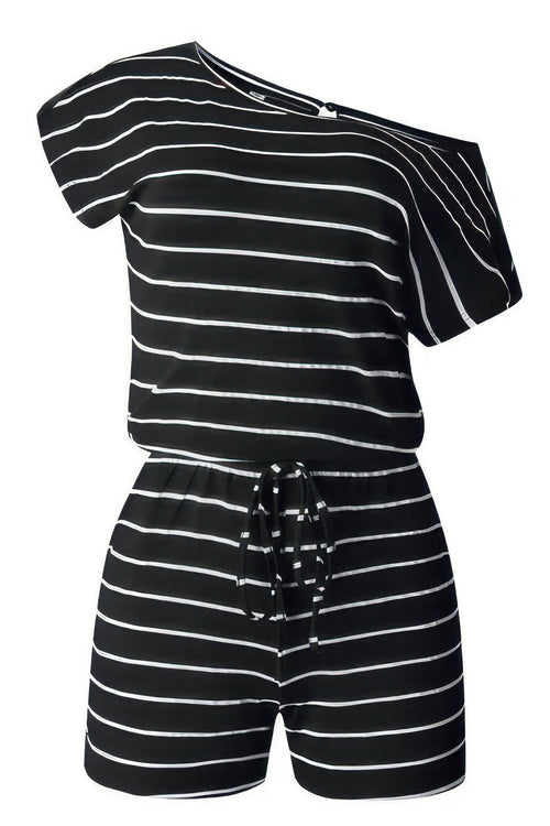 Striped Short Sleeve Drawstring Waist Romper
