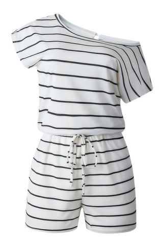 Striped Short Sleeve Drawstring Waist Romper