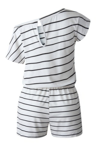 Striped Short Sleeve Drawstring Waist Romper