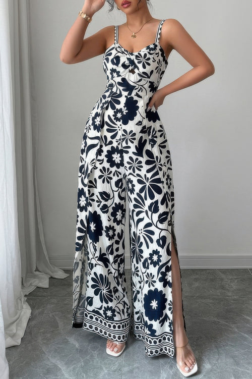 Floral Print High Waist Split Wide Leg Fit Jumpsuit