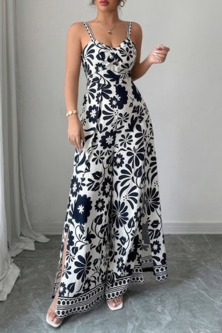 Floral Print High Waist Split Wide Leg Fit Jumpsuit