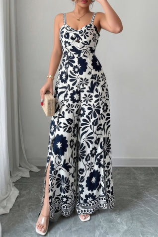Floral Print High Waist Split Wide Leg Fit Jumpsuit