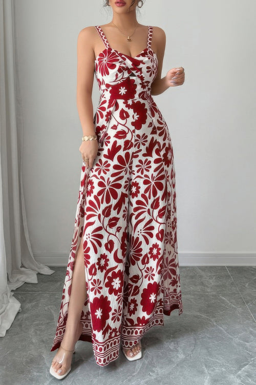 Floral Print High Waist Split Wide Leg Fit Jumpsuit