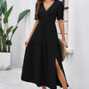 Solid V Neck Ruched High Waist Puff Sleeve Dress