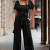 Solid Fit Square Neck Smocked Jumpsuit